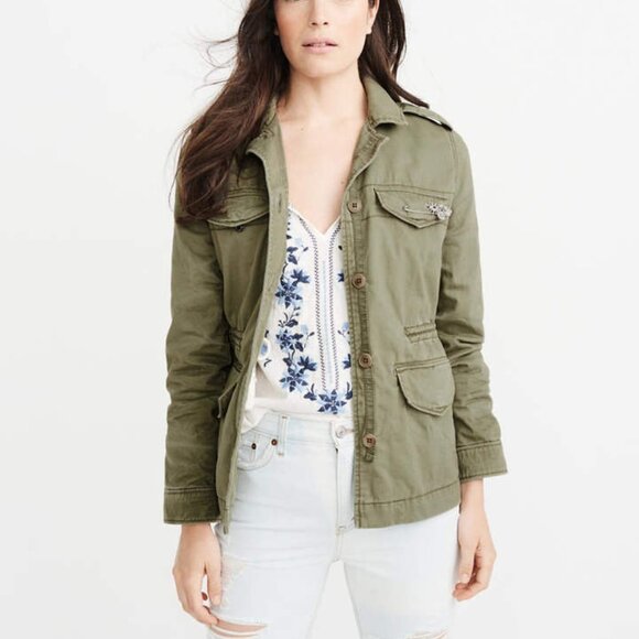 new~Abercrombie & Fitch ~Olive Army Green Cotton Button Front Jacket size Small - Picture 1 of 16
